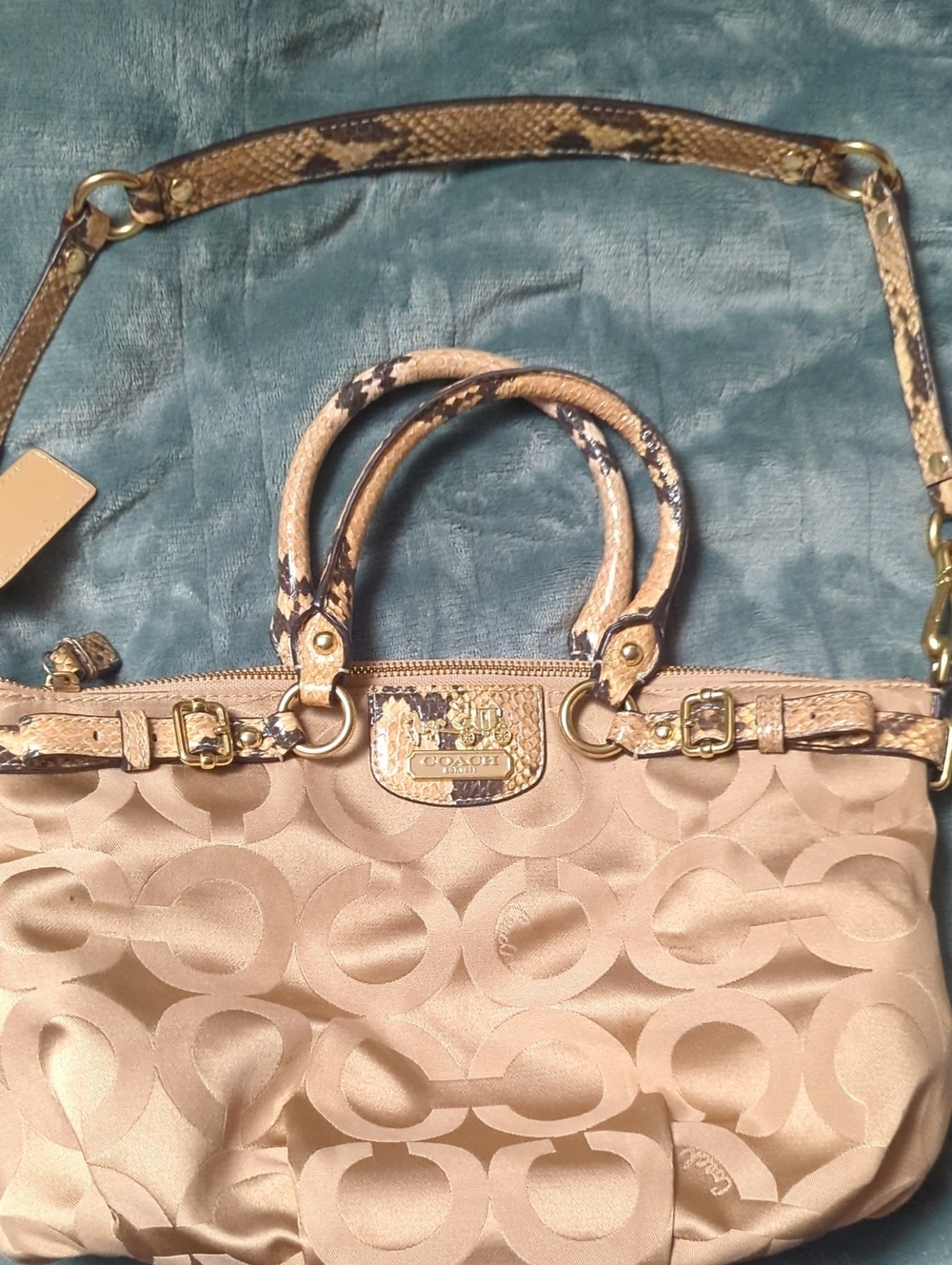 22-COACH Beige Signature Satchel with Snake-Print Trim. Pre-loved.